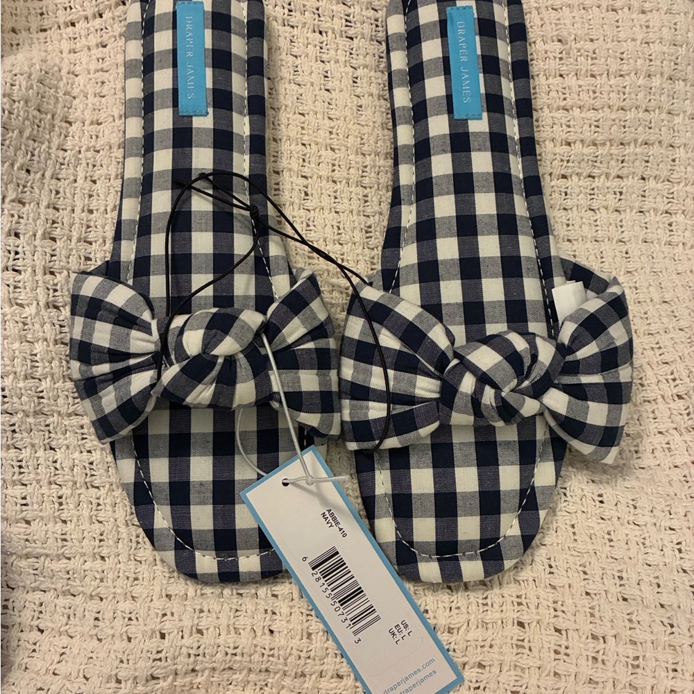 Draper James Blue and White Checkered Bow Sandals